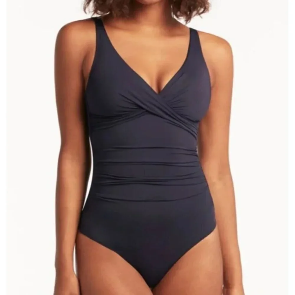 Sea Level Navy Blue Cross Front Shirred One Piece Convertible Swimsuit Size 18